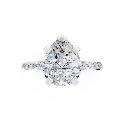 14 KT White Gold Pear Cut Diamond Solitaire Ring with Pave Shank - top angle