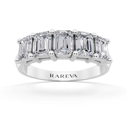 Silver Five Stone Emerald Cut Diamond Half Eternity Wedding Band - 2.5mm - Front