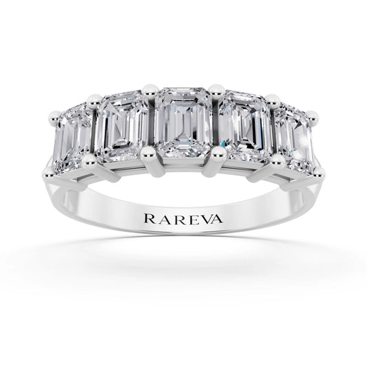 Silver Five Stone Emerald Cut Diamond Half Eternity Wedding Band - 2.5mm - Front