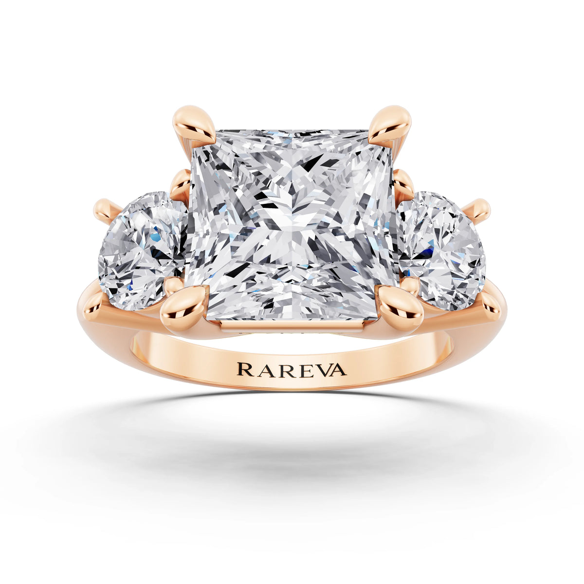 14 KT Rose Gold Princess Cut Diamond Three Stone Ring with Round Accents - front view
