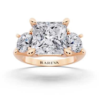 14 KT Rose Gold Princess Cut Diamond Three Stone Ring with Round Accents - front view