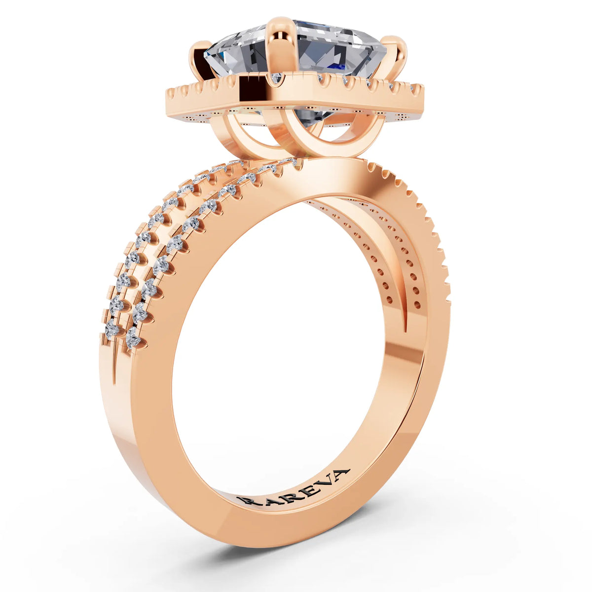 14 KT Rose Gold Asscher Cut Diamond Halo Ring with Pave Split Shank - top view