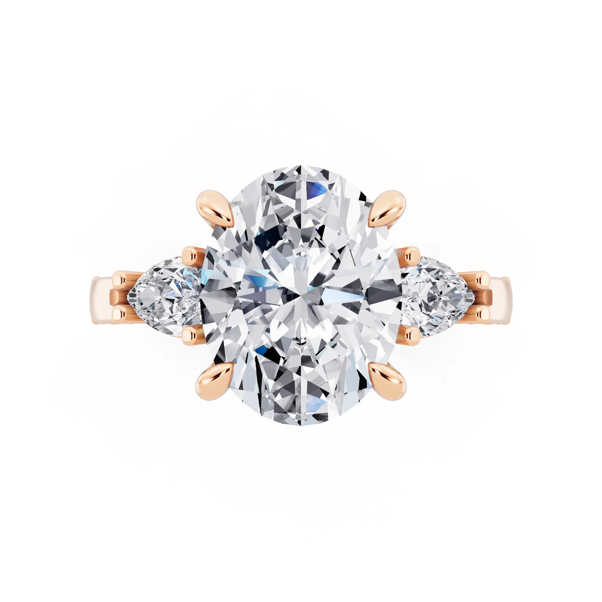 18 KT Rose Gold Oval Cut Diamond Three Stone Pear Accent Vintage Pave Ring - top angle