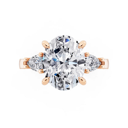 18 KT Rose Gold Oval Cut Diamond Three Stone Pear Accent Vintage Pave Ring - top angle