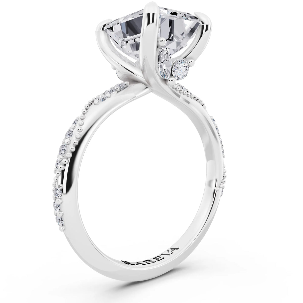 18 KT White Gold Emerald Cut Diamond Ring with Marquise Accent - top view