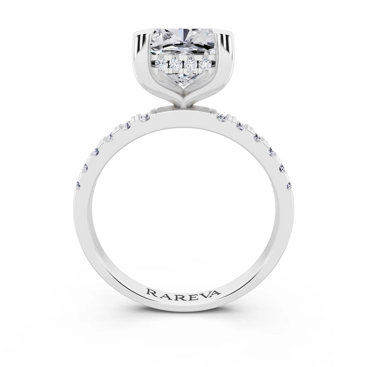 Platinum Cushion Cut Diamond Solitaire Ring with Round Pavé Band and Prong Setting - through finger