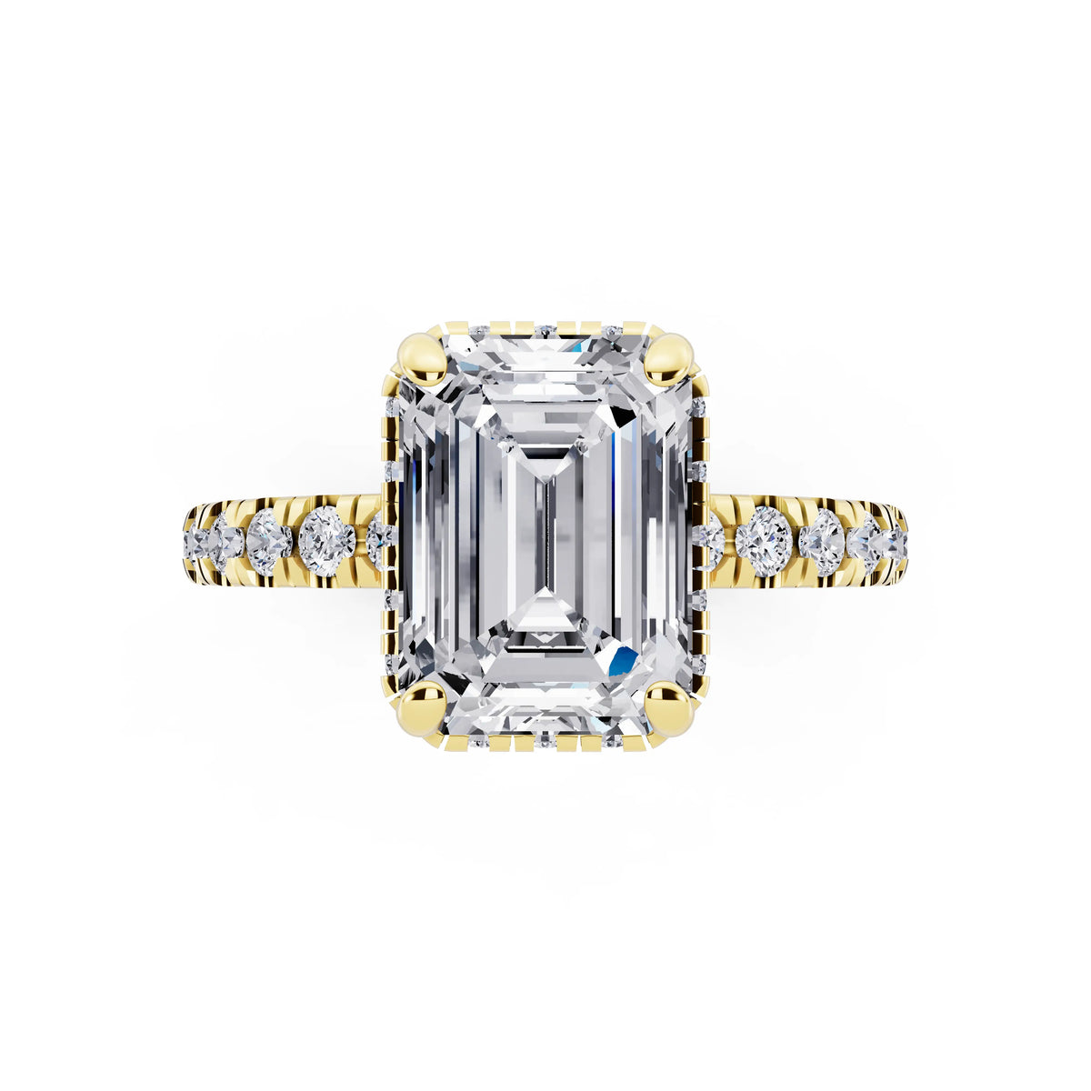 18 KT Yellow Gold Emerald Cut Diamond Hidden Halo Ring with Pave Band - top angle