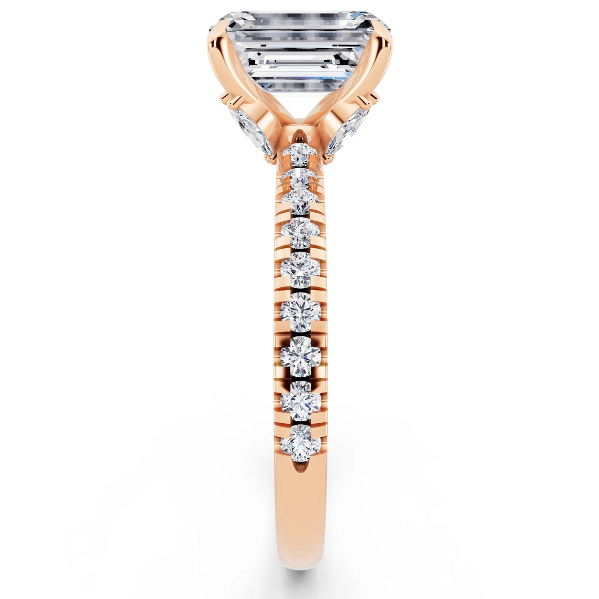 14 KT Rose Gold Emerald Cut Diamond Solitaire Ring with Marquise Collar - side view
