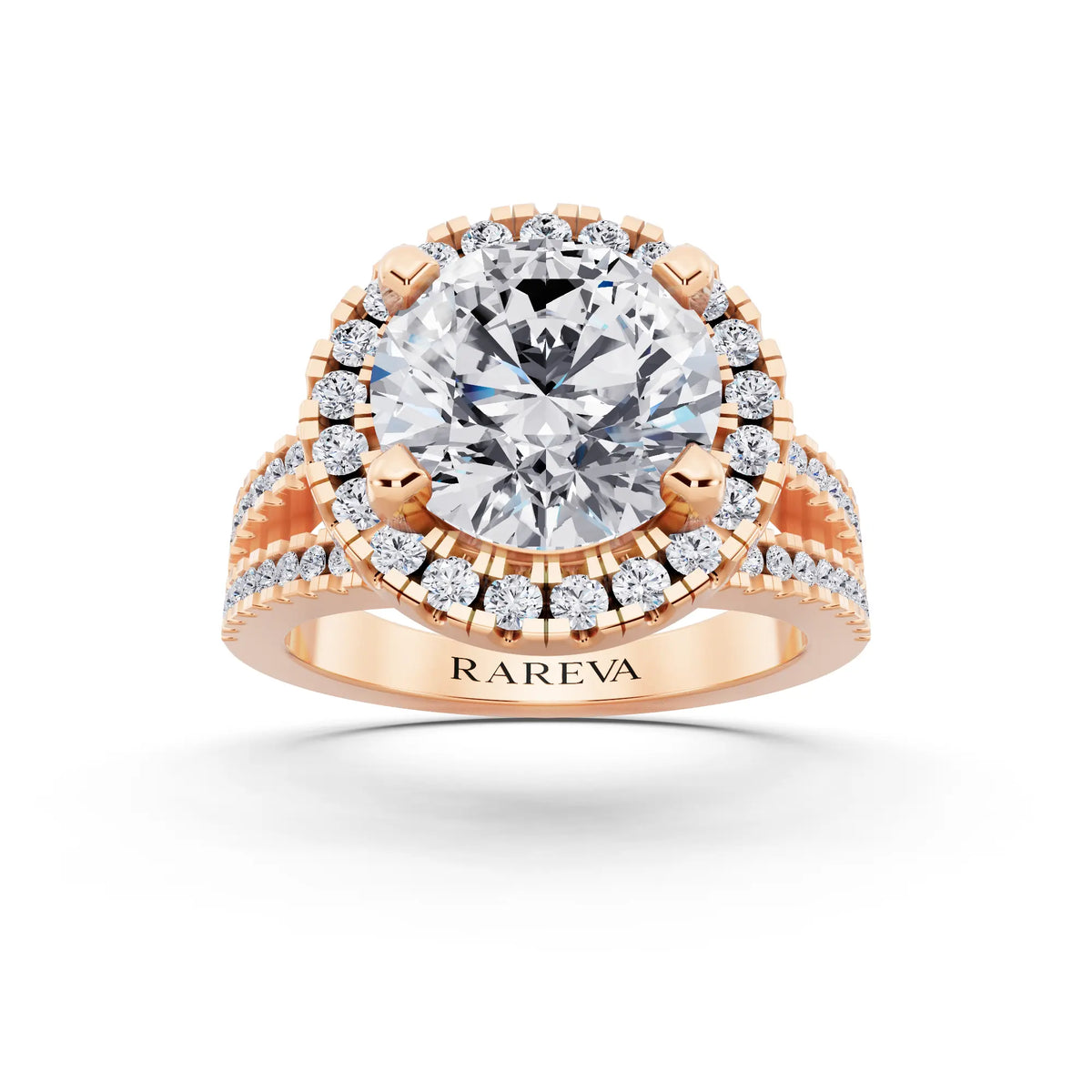 14 KT Rose Gold Round Cut Diamond Halo Ring with Pave Split Shank - front view