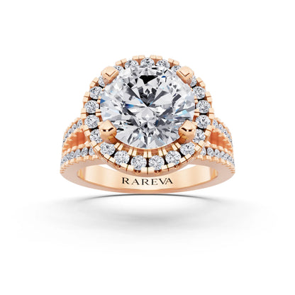 14 KT Rose Gold Round Cut Diamond Halo Ring with Pave Split Shank - front view