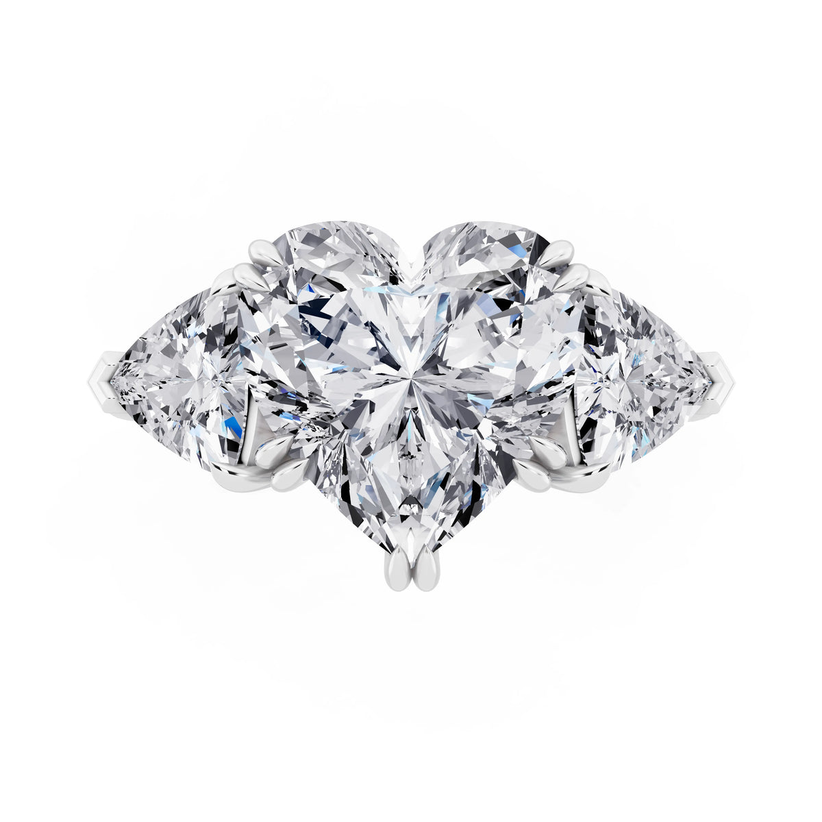 18 KT White Gold Heart Cut Diamond Three Stone Ring with Trillion Accents - top angle