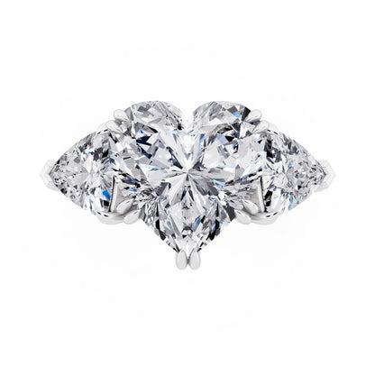 18 KT White Gold Heart Cut Diamond Three Stone Ring with Trillion Accents - top angle