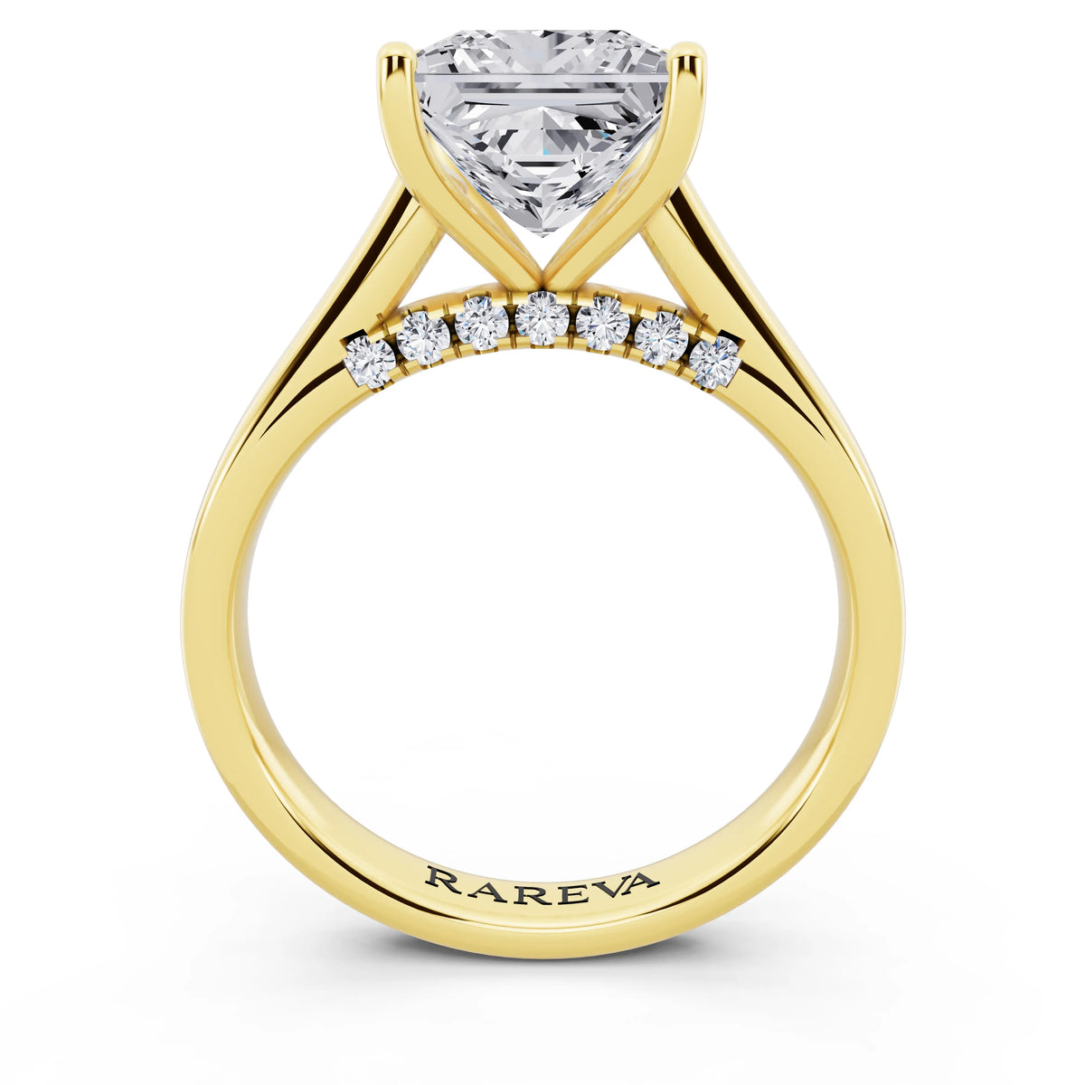 18 KT Yellow Gold Princess Cut Diamond Solitaire Ring with Hidden Accent - through finger