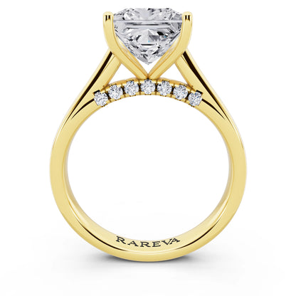 18 KT Yellow Gold Princess Cut Diamond Solitaire Ring with Hidden Accent - through finger