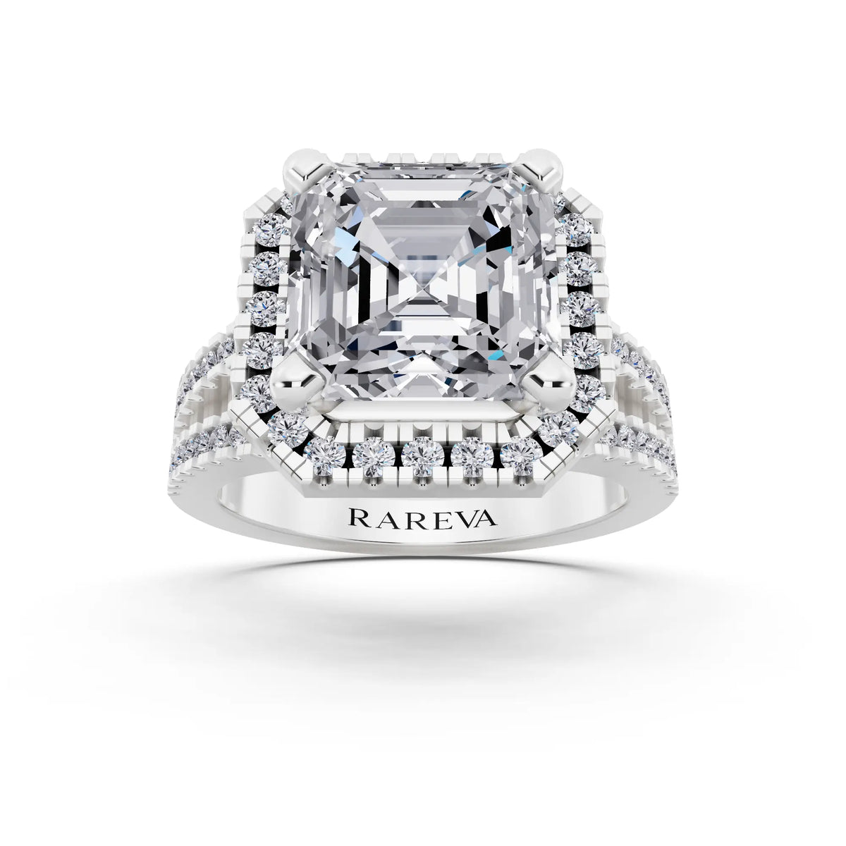 18 KT White Gold Asscher Cut Diamond Halo Ring with Pave Split Shank - front view