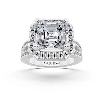 18 KT White Gold Asscher Cut Diamond Halo Ring with Pave Split Shank - front view