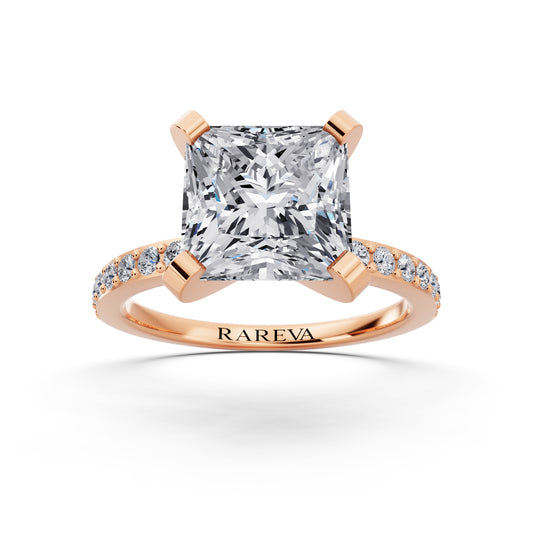 14 KT Rose Gold Princess Cut Diamond Solitaire Ring with Pave Shank - front view