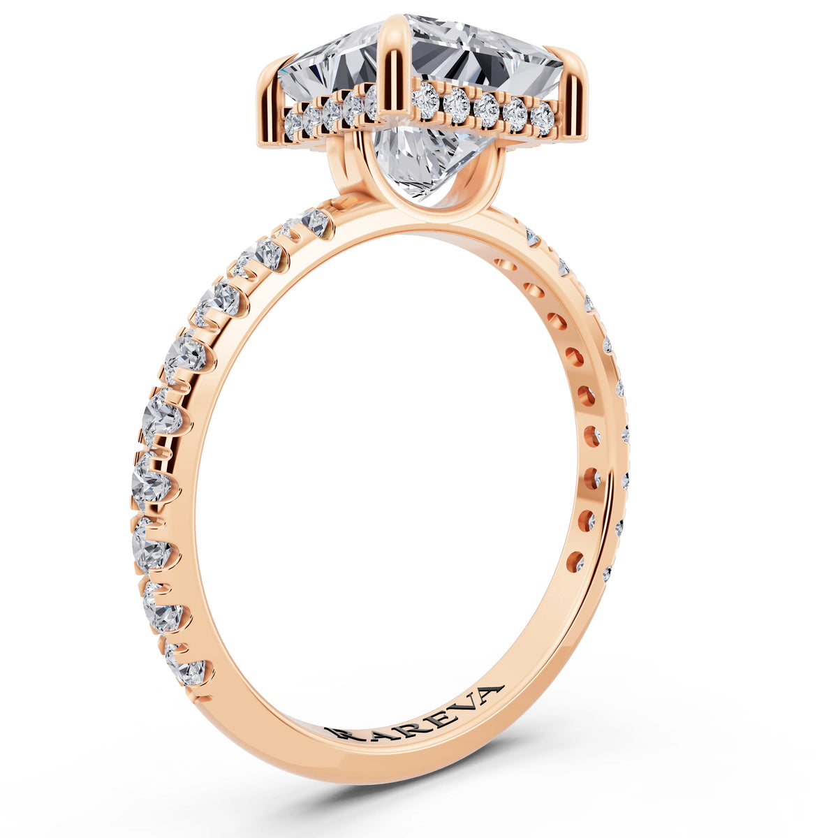 18 KT Rose Gold Princess Cut Diamond Solitaire Ring with Hidden Halo and French Pave Band - top view