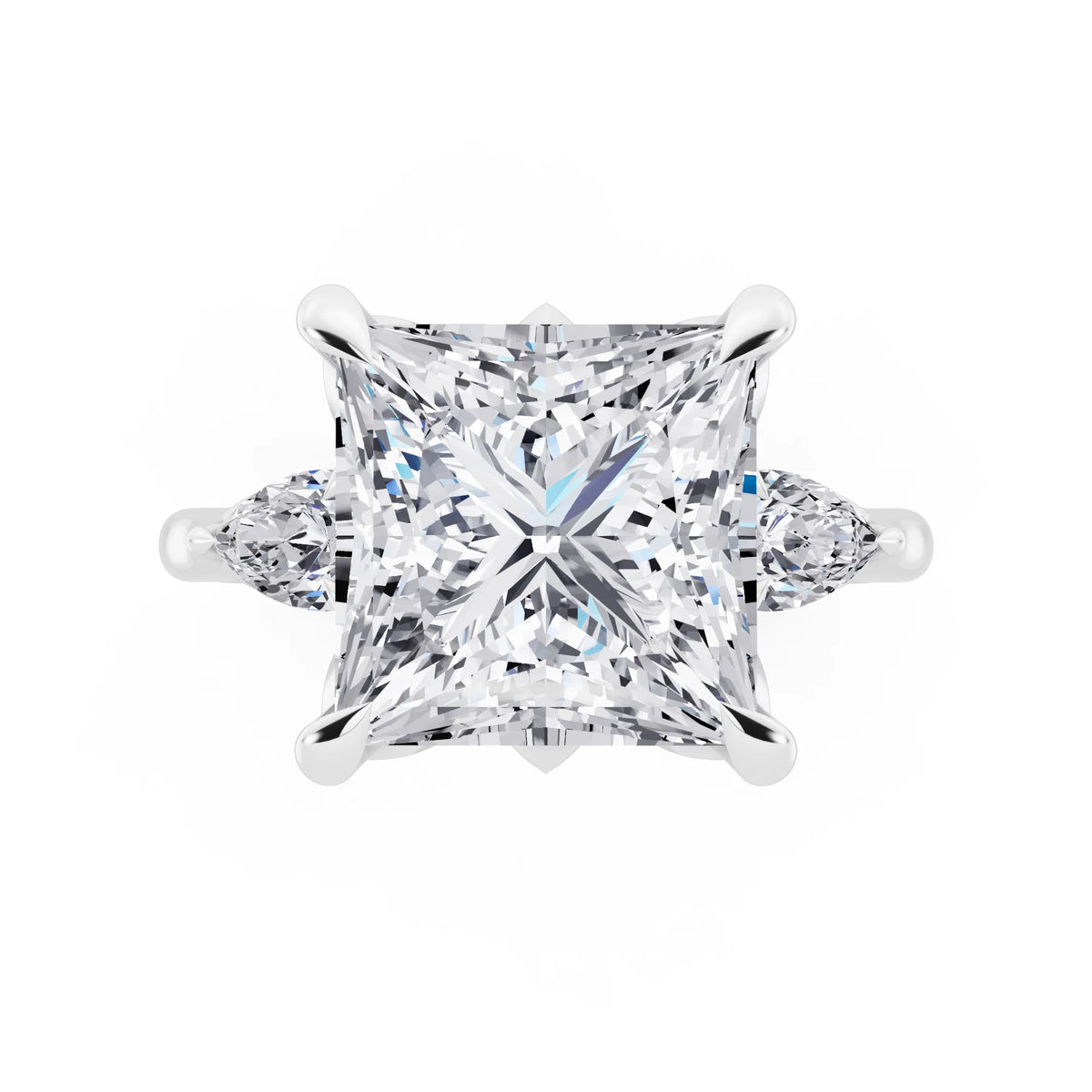14 KT White Gold Princess Cut Diamond Cluster Engagement Ring with Pear Accents and Pavé Band - top angle