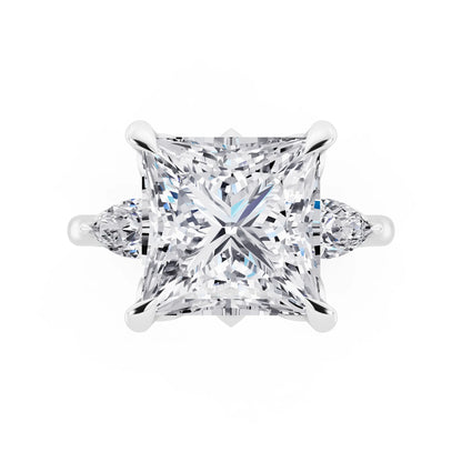 14 KT White Gold Princess Cut Diamond Cluster Engagement Ring with Pear Accents and Pavé Band - top angle