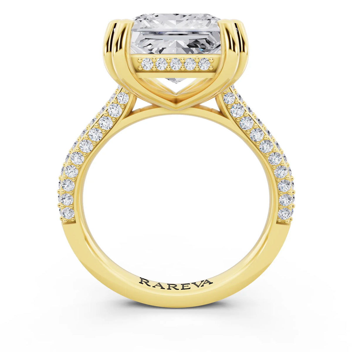 18 KT Yellow Gold Princess Cut Diamond Hidden Halo Double Claw Pave Band Ring - through finger