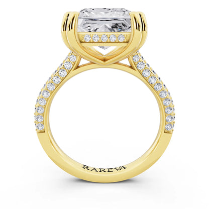 18 KT Yellow Gold Princess Cut Diamond Hidden Halo Double Claw Pave Band Ring - through finger