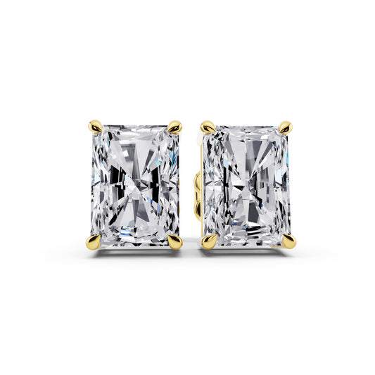 Radiant cut tiger-prong diamond stud earrings in yellow gold, front view