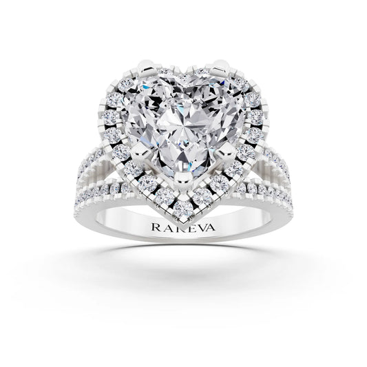 18 KT White Gold Heart Cut Diamond Halo Ring with Pave Split Shank - front view