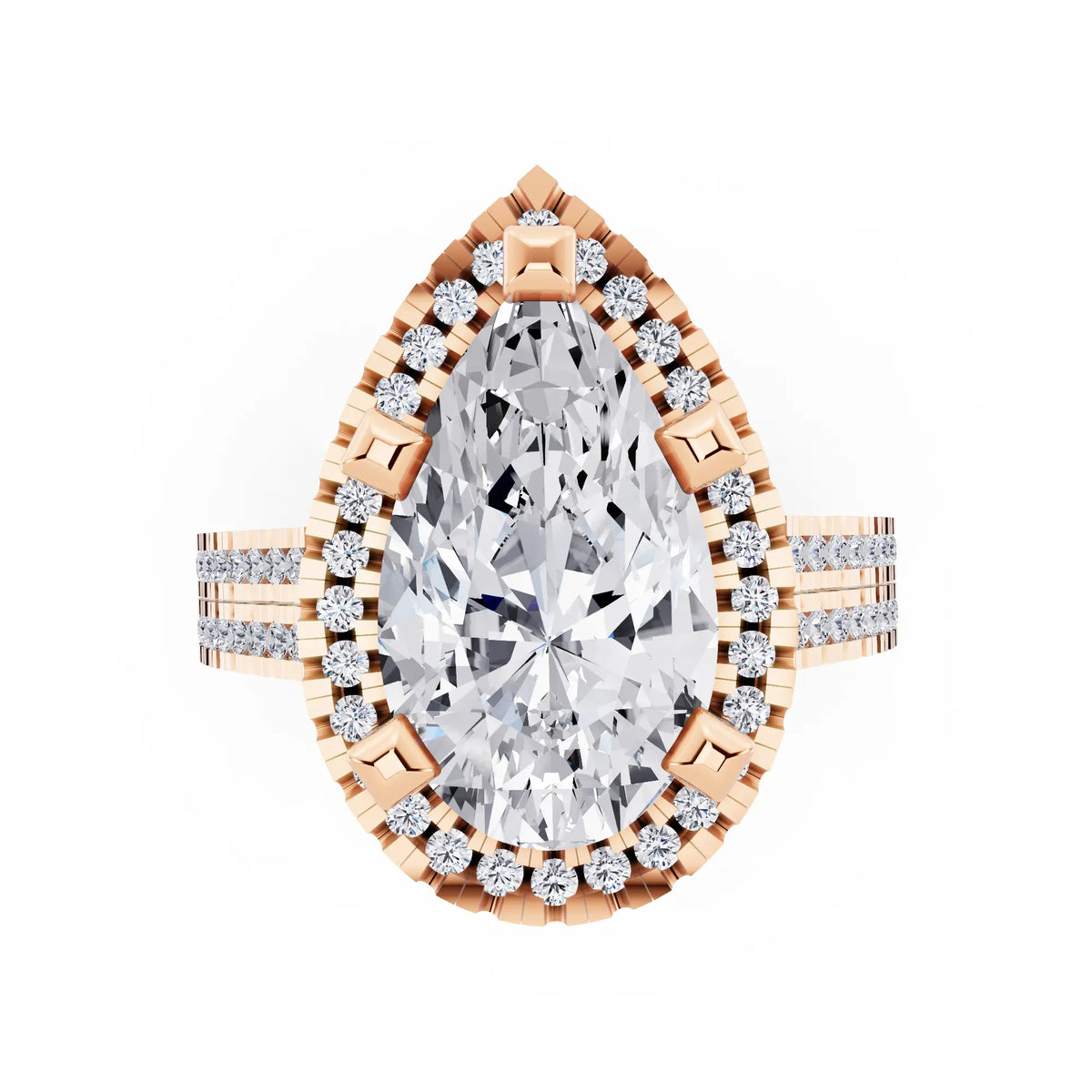14 KT Rose Gold Pear Cut Diamond Halo Ring with Twin Pave Band - top angle