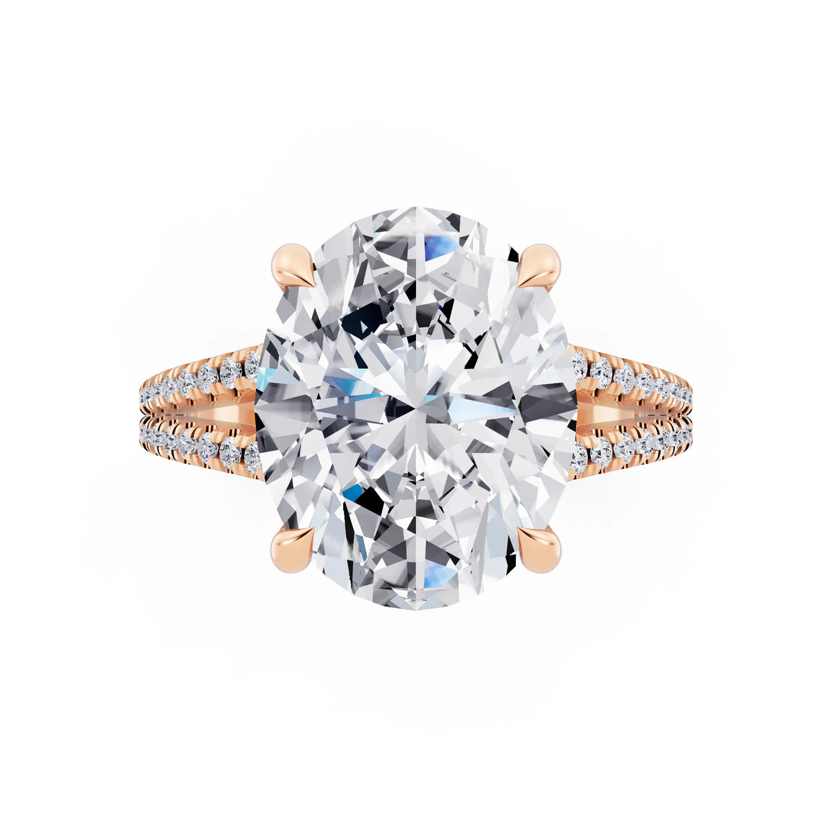 14 KT Rose Gold Oval Cut Diamond Ring with Pavé Split Shank - top angle