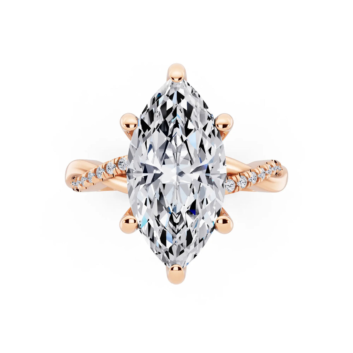 14 KT Rose Gold Marquise Cut Diamond Hidden Halo Ring with Twisted Pave Band - top angle