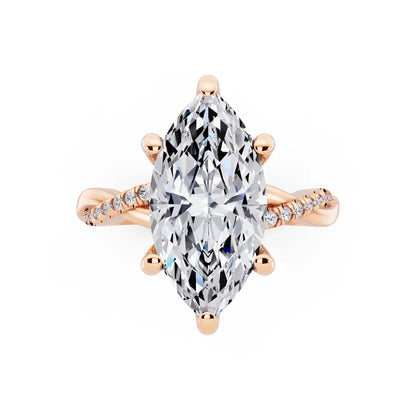 14 KT Rose Gold Marquise Cut Diamond Hidden Halo Ring with Twisted Pave Band - top angle