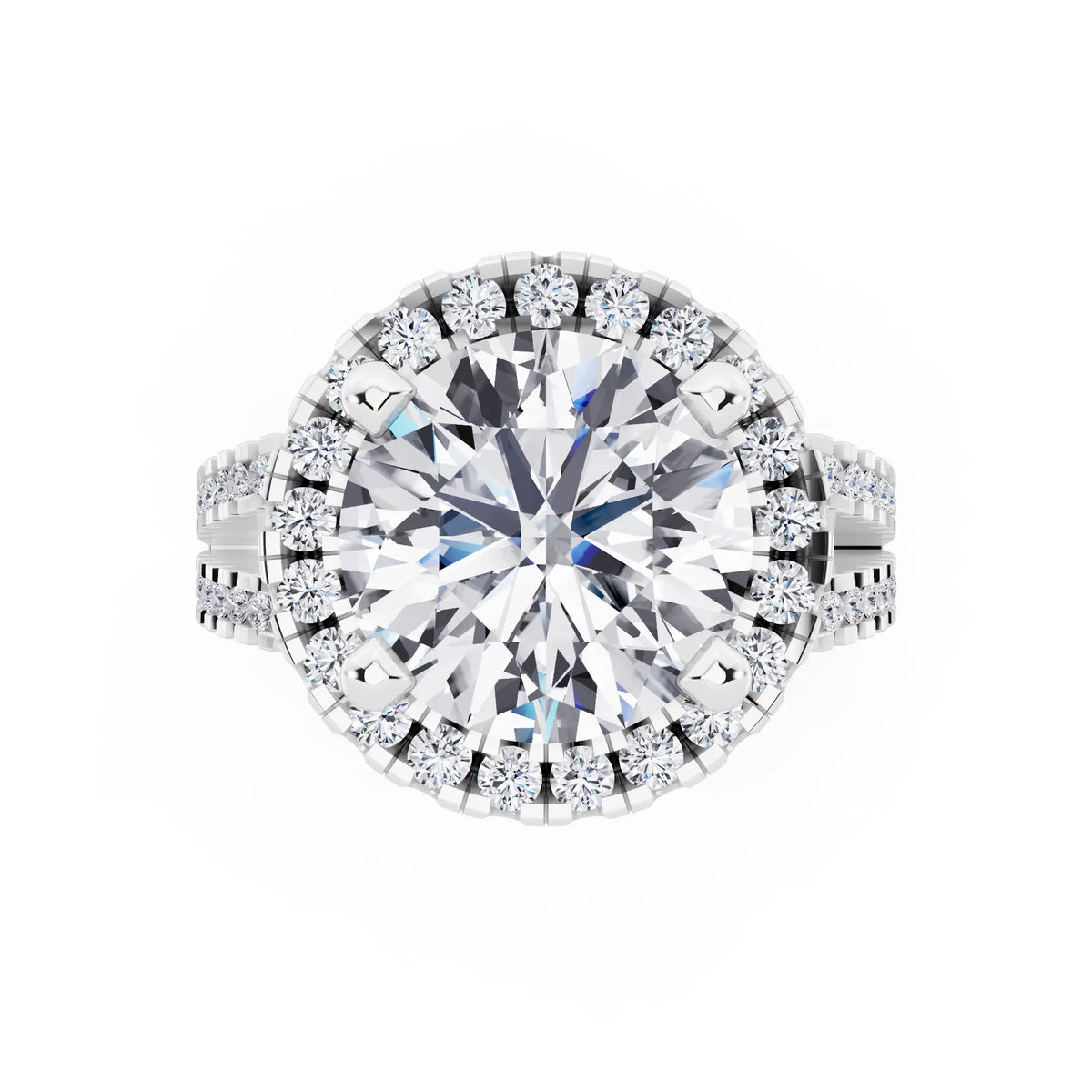 14 KT White Gold Round Cut Diamond Halo Ring with Pave Split Shank - top angle