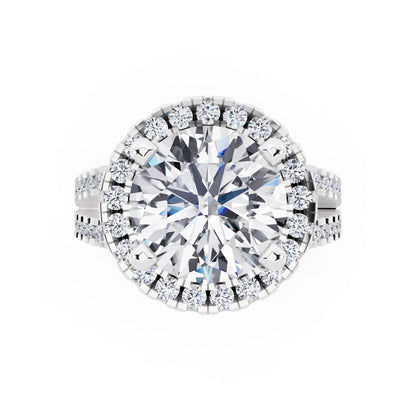 14 KT White Gold Round Cut Diamond Halo Ring with Pave Split Shank - top angle