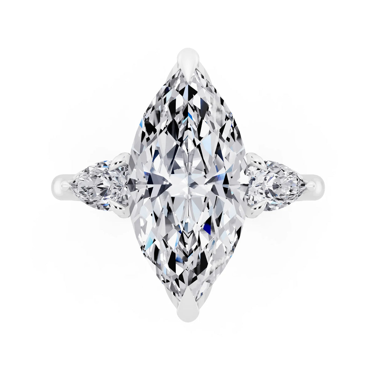 18 KT White Gold Marquise Cut Diamond Cluster Engagement Ring with Pear Accents and Pavé Band - top angle
