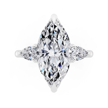 18 KT White Gold Marquise Cut Diamond Cluster Engagement Ring with Pear Accents and Pavé Band - top angle