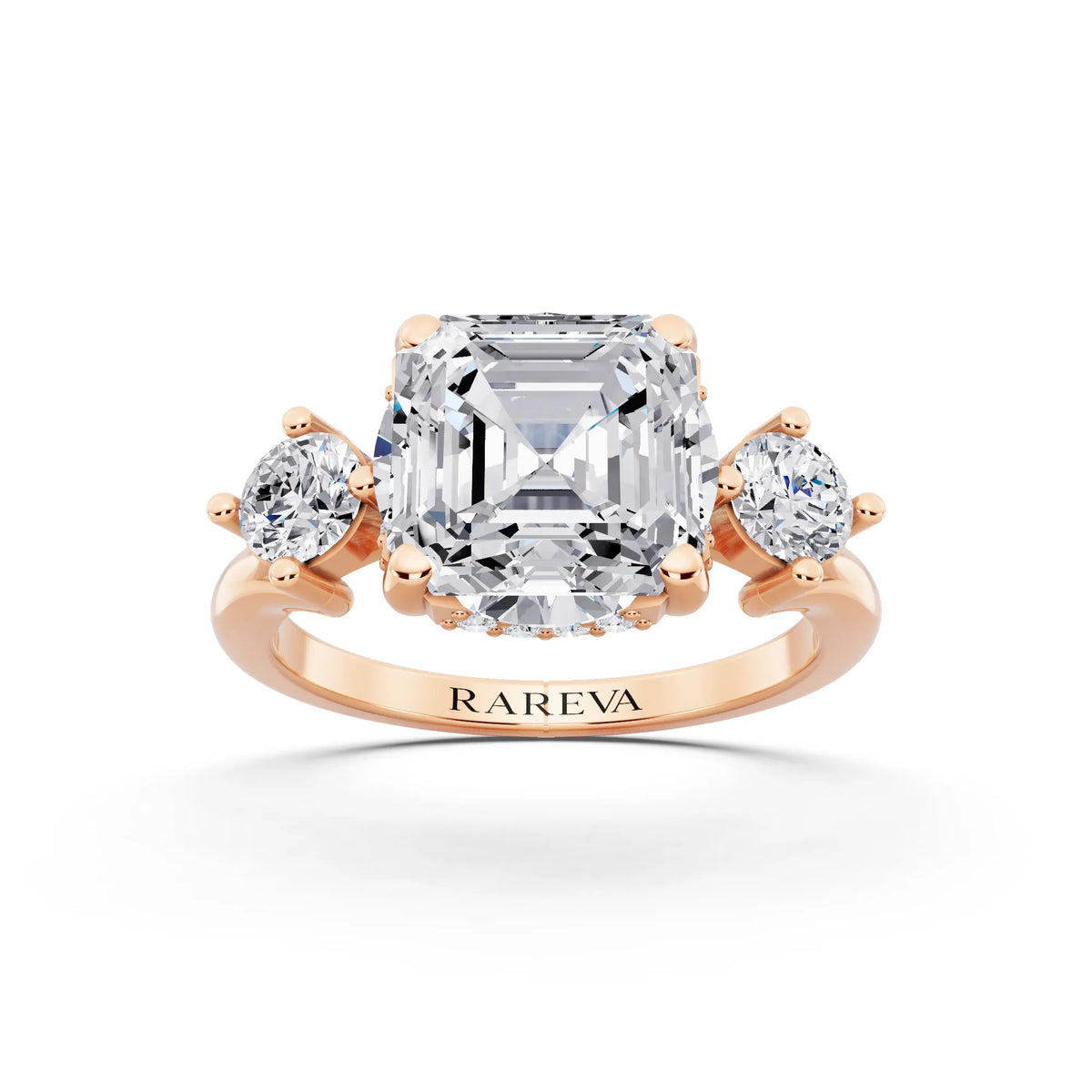 14 KT Rose Gold Asscher Cut Diamond Three Stone Engagement Ring with Hidden Halo - front view