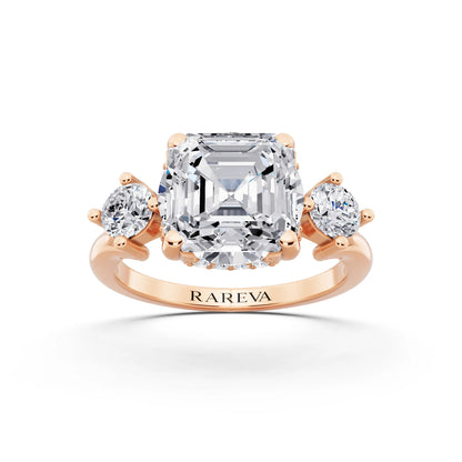 14 KT Rose Gold Asscher Cut Diamond Three Stone Engagement Ring with Hidden Halo - front view