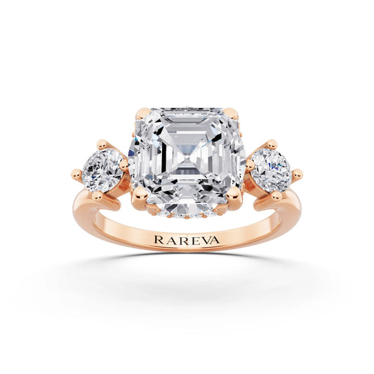 14 KT Rose Gold Asscher Cut Diamond Three Stone Engagement Ring with Hidden Halo - front view