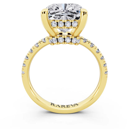 18 KT Yellow Gold Cushion Cut Diamond Hidden Halo Tiger Prong Pave Band Ring - through finger