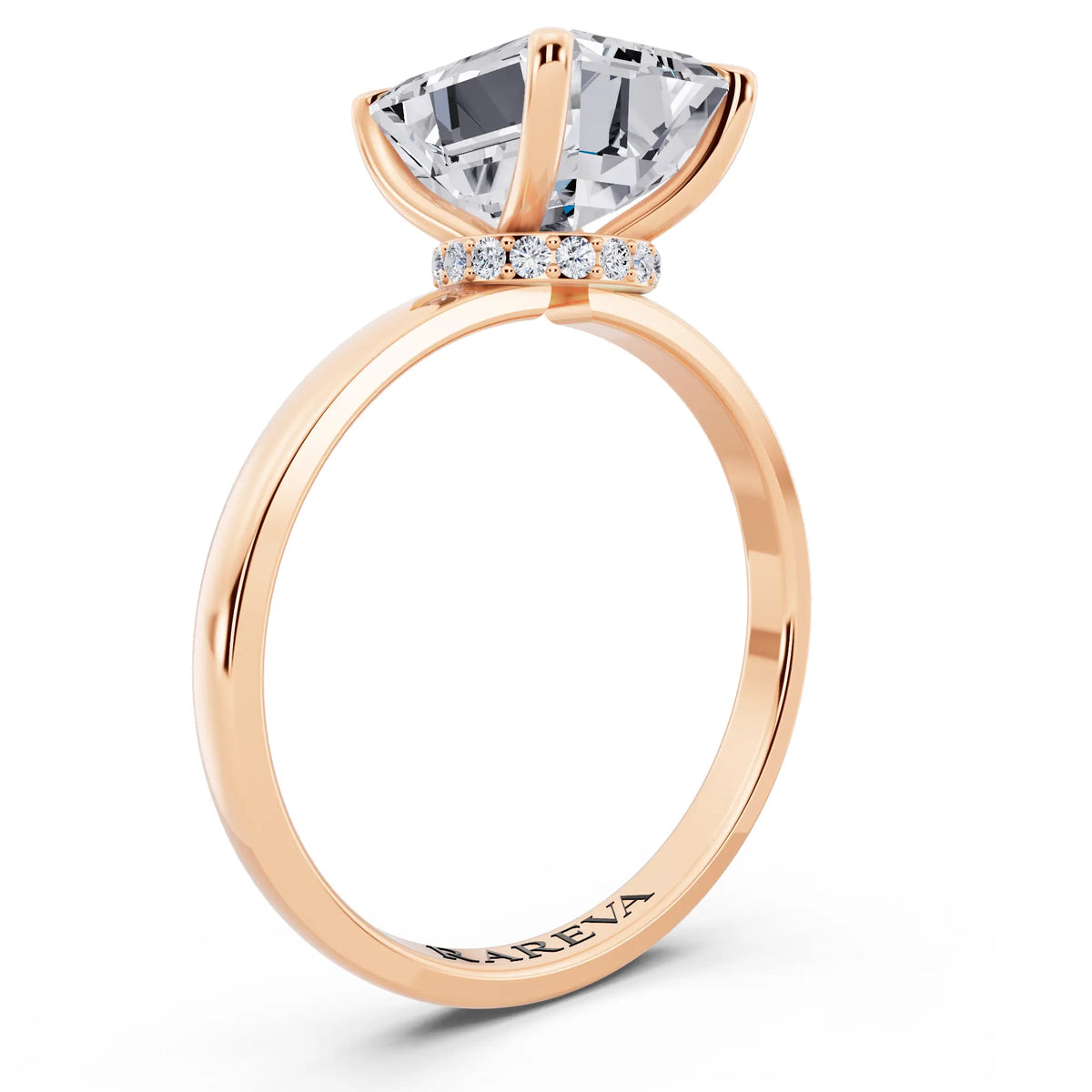 14 KT Rose Gold Emerald Cut Diamond Solitaire Ring with Pave Collar - top view