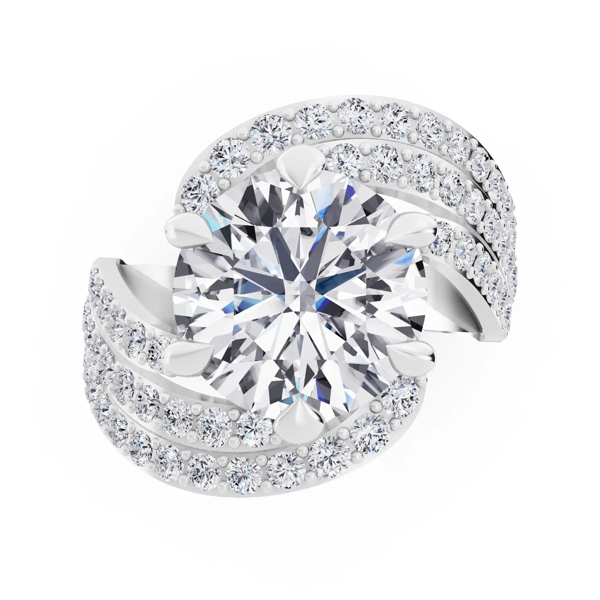 Platinum Round Cut Diamond Solitaire Ring with Swirl Pave Bands - Top down