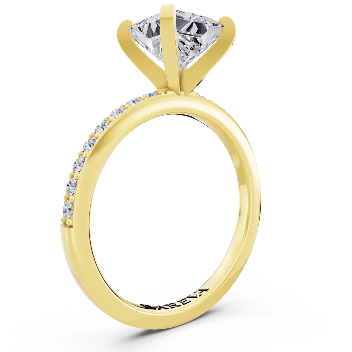18 KT Yellow Gold Princess Cut Diamond Solitaire Ring with Pave Shank - top view