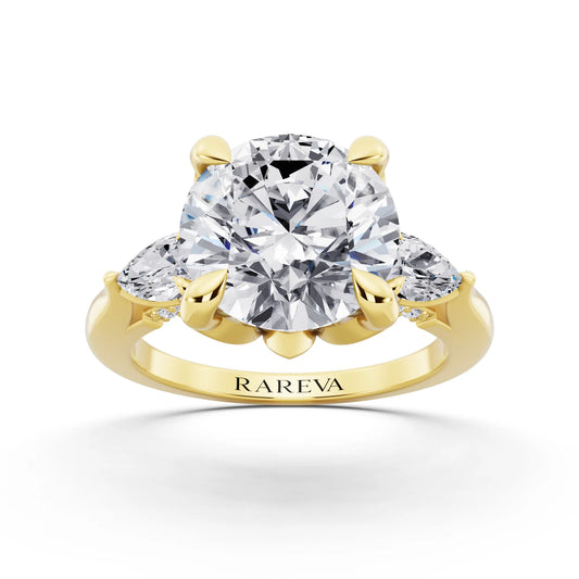 18 KT Yellow Gold Round Cut Diamond Cluster Engagement Ring with Pear Accents and Pavé Band - front view