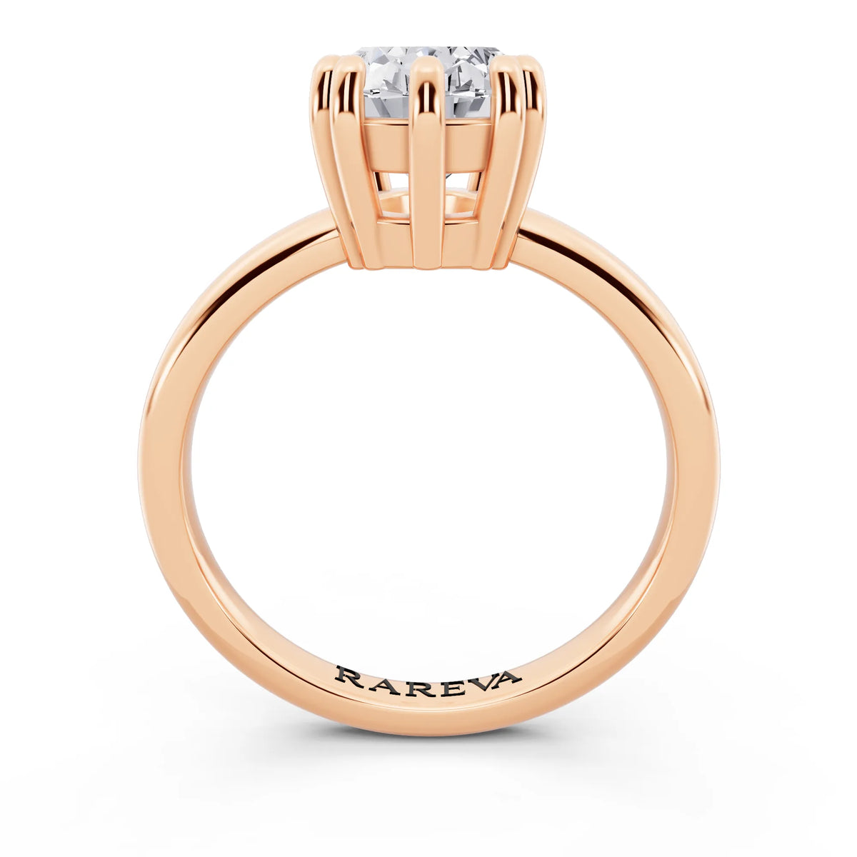 18 KT Rose Gold Oval Cut Diamond Solitaire Ring with Hidden Accent Basket - through finger