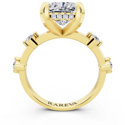 14 KT Yellow Gold Cushion Cut Diamond Solitaire Ring with Floating Diamond Accents - through finger