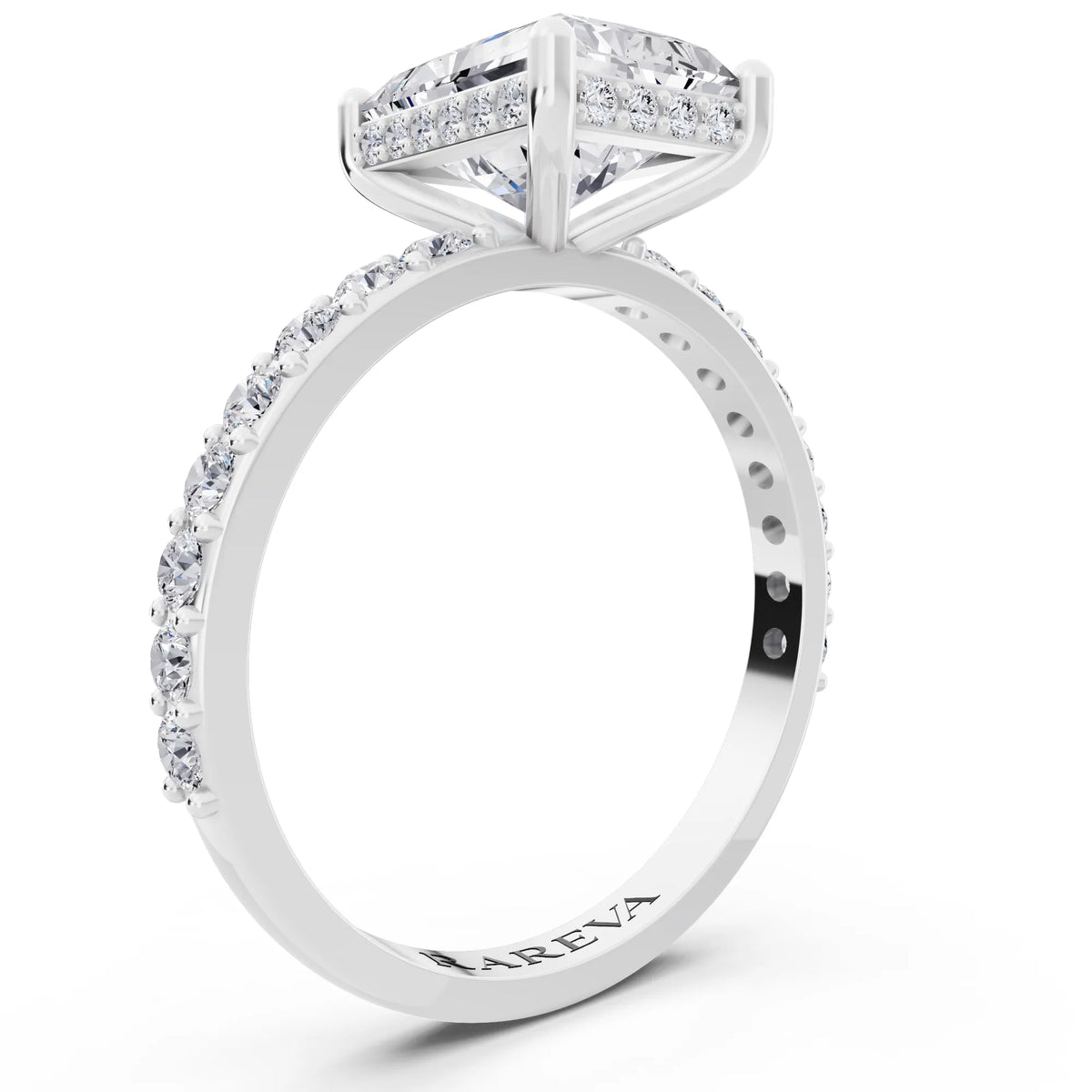 18 KT White Gold Radiant Cut Diamond Solitaire Ring with Hidden Halo and Pave Band - top view