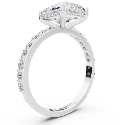 18 KT White Gold Radiant Cut Diamond Solitaire Ring with Hidden Halo and Pave Band - top view