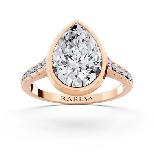 14 KT Rose Gold Pear Cut Diamond Bezel Set Ring with Pave Band - Front