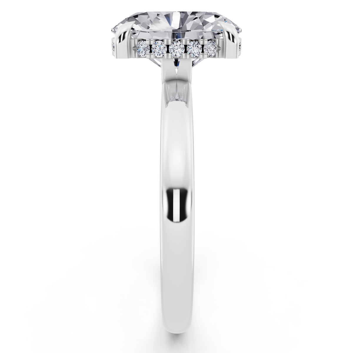Platinum Oval Cut Diamond Solitaire Ring with Hidden Halo - side view
